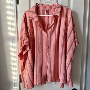 Zenana Striped Coral Button-Up Women's Top - L/XL